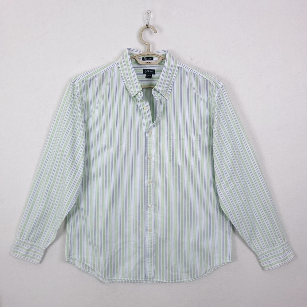 J. Crew Button Down Shirt Mens XL Green Blue Striped 100s 2-Ply Cotton Casual